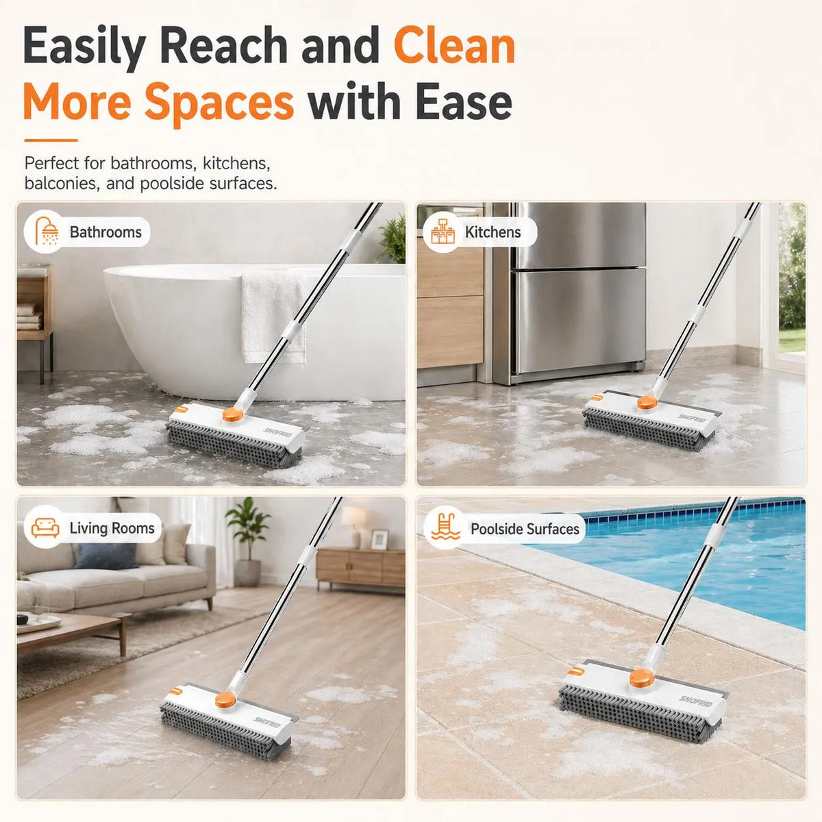 Snofrid Floor Scrub Brush,360 Degrees 3 in 1 Floor Scrub Brush with 54-In Adjustable Long Handle and Scraper Heavy Duty Stiff Bristle Floor Scrubber for Cleaning Shower Bathroom Kitchen Patio Garage Pool Wall and Deck, Orange&White