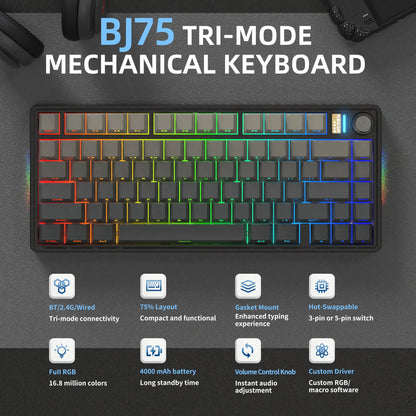 7KEYS BJ75 Compact Wireless Mechanical Keyboard with RGB Color Changing Lights, 75% Gasket-Mount Gaming Keyboard, Volume Knob, Tri-Mode Connection (Bluetooth 5.0-2.4G-USB-C), Hot-Swappable Switches, Side Lighting, Batteries Included, for Pc/Mac/Linux