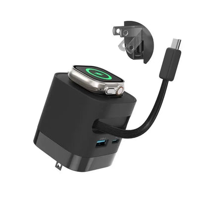 Tessan 35W Retractable USB-C Mobile Wall Charger Block with Built-In Wireless Smart Watch Charging & Foldable Plug, Compatible with Iwatch, Iphone, Airpods