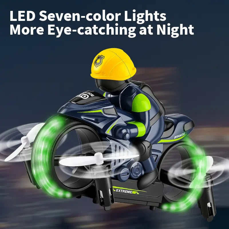 2-In-1 RC Flying Motorcycle Drone - Remote Control, 360° Flying Stunts, LED Lights, 2 Batteries, Land/Air Dual Mode, Easy for Kids, Electric Hobby Toy, with Batteries