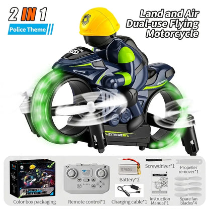 2-In-1 RC Flying Motorcycle Drone - Remote Control, 360° Flying Stunts, LED Lights, 2 Batteries, Land/Air Dual Mode, Easy for Kids, Electric Hobby Toy, with Batteries