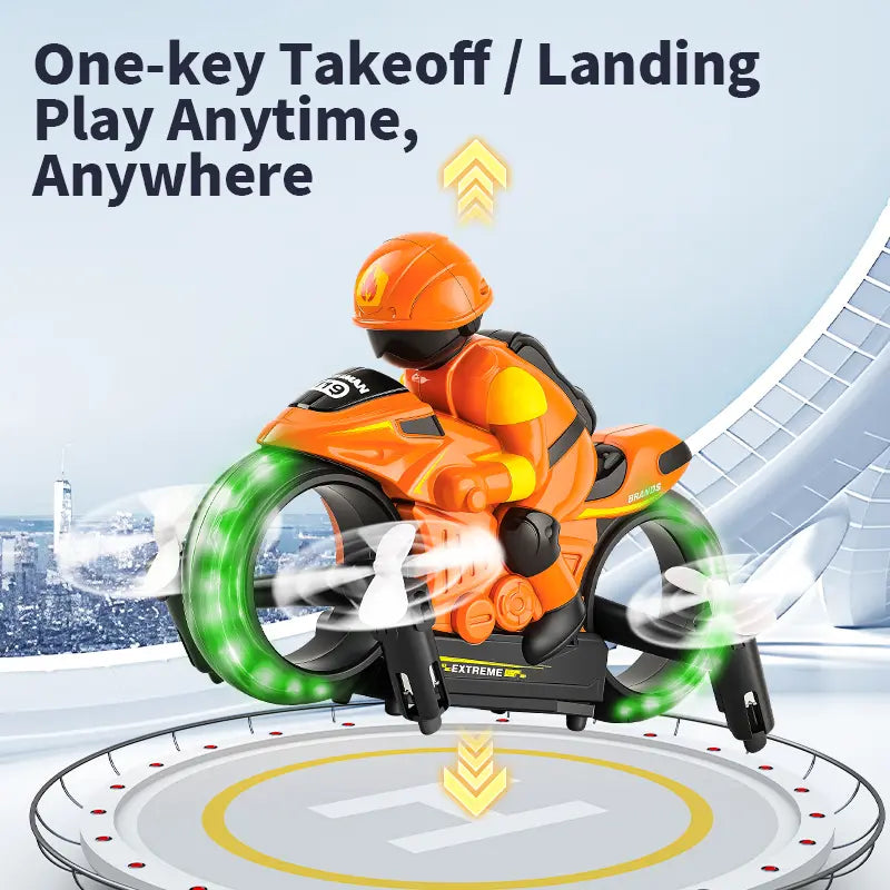 2-In-1 RC Flying Motorcycle Drone - Remote Control, 360° Flying Stunts, LED Lights, 2 Batteries, Land/Air Dual Mode, Easy for Kids, Electric Hobby Toy, with Batteries