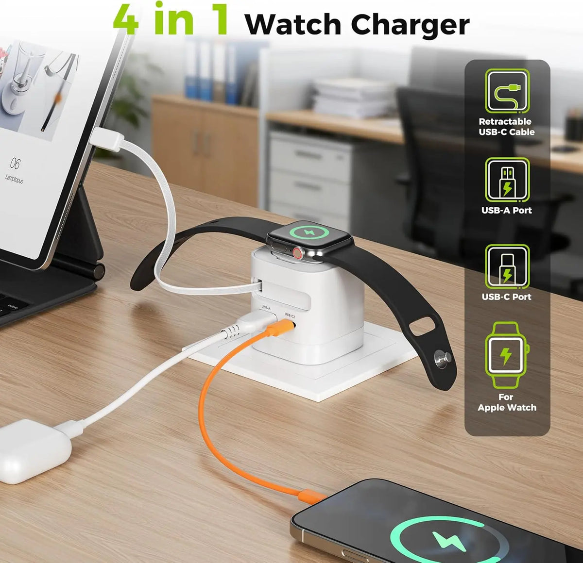 Tessan 35W Retractable USB-C Mobile Wall Charger Block with Built-In Wireless Smart Watch Charging & Foldable Plug, Compatible with Iwatch, Iphone, Airpods
