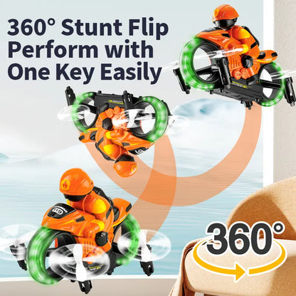 2-In-1 RC Flying Motorcycle Drone - Remote Control, 360° Flying Stunts, LED Lights, 2 Batteries, Land/Air Dual Mode, Easy for Kids, Electric Hobby Toy, with Batteries
