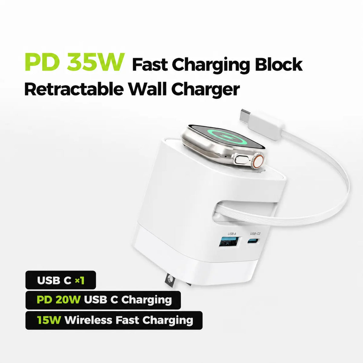 Tessan 35W Retractable USB-C Mobile Wall Charger Block with Built-In Wireless Smart Watch Charging & Foldable Plug, Compatible with Iwatch, Iphone, Airpods