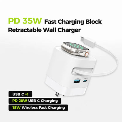 Tessan 35W Retractable USB-C Mobile Wall Charger Block with Built-In Wireless Smart Watch Charging & Foldable Plug, Compatible with Iwatch, Iphone, Airpods
