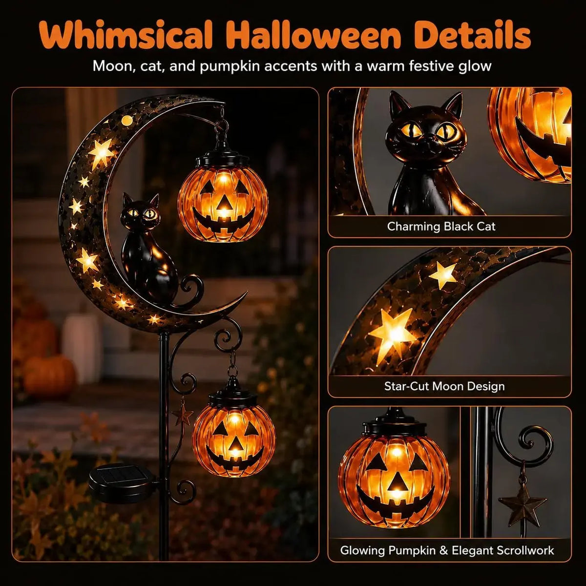 Halloween Solar Garden Stake Lights, Waterproof Moon-Pumpkin Lantern with Ghost-Witch-Black Cat, LED Solar-Powered Decor for Yard-Pathway Lawn Patio Halloween Decoration