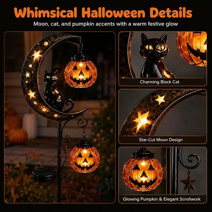 Halloween Solar Garden Stake Lights, Waterproof Moon-Pumpkin Lantern with Ghost-Witch-Black Cat, LED Solar-Powered Decor for Yard-Pathway Lawn Patio Halloween Decoration
