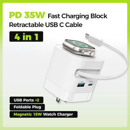 Tessan 35W Retractable USB-C Mobile Wall Charger Block with Built-In Wireless Smart Watch Charging & Foldable Plug, Compatible with Iwatch, Iphone, Airpods