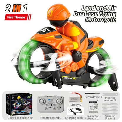 2-In-1 RC Flying Motorcycle Drone - Remote Control, 360° Flying Stunts, LED Lights, 2 Batteries, Land/Air Dual Mode, Easy for Kids, Electric Hobby Toy, with Batteries