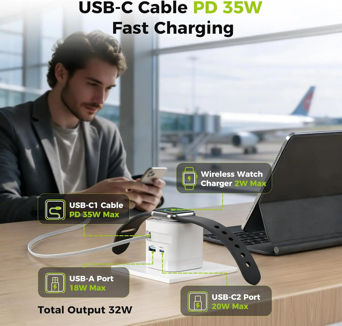 Tessan 35W Retractable USB-C Mobile Wall Charger Block with Built-In Wireless Smart Watch Charging & Foldable Plug, Compatible with Iwatch, Iphone, Airpods