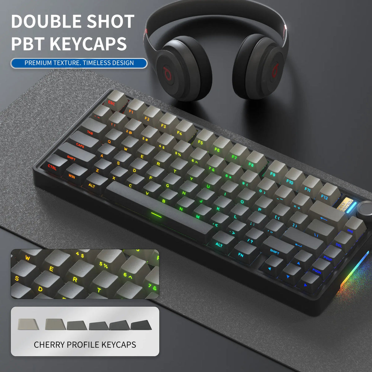 7KEYS BJ75 Compact Wireless Mechanical Keyboard with RGB Color Changing Lights, 75% Gasket-Mount Gaming Keyboard, Volume Knob, Tri-Mode Connection (Bluetooth 5.0-2.4G-USB-C), Hot-Swappable Switches, Side Lighting, Batteries Included, for Pc/Mac/Linux