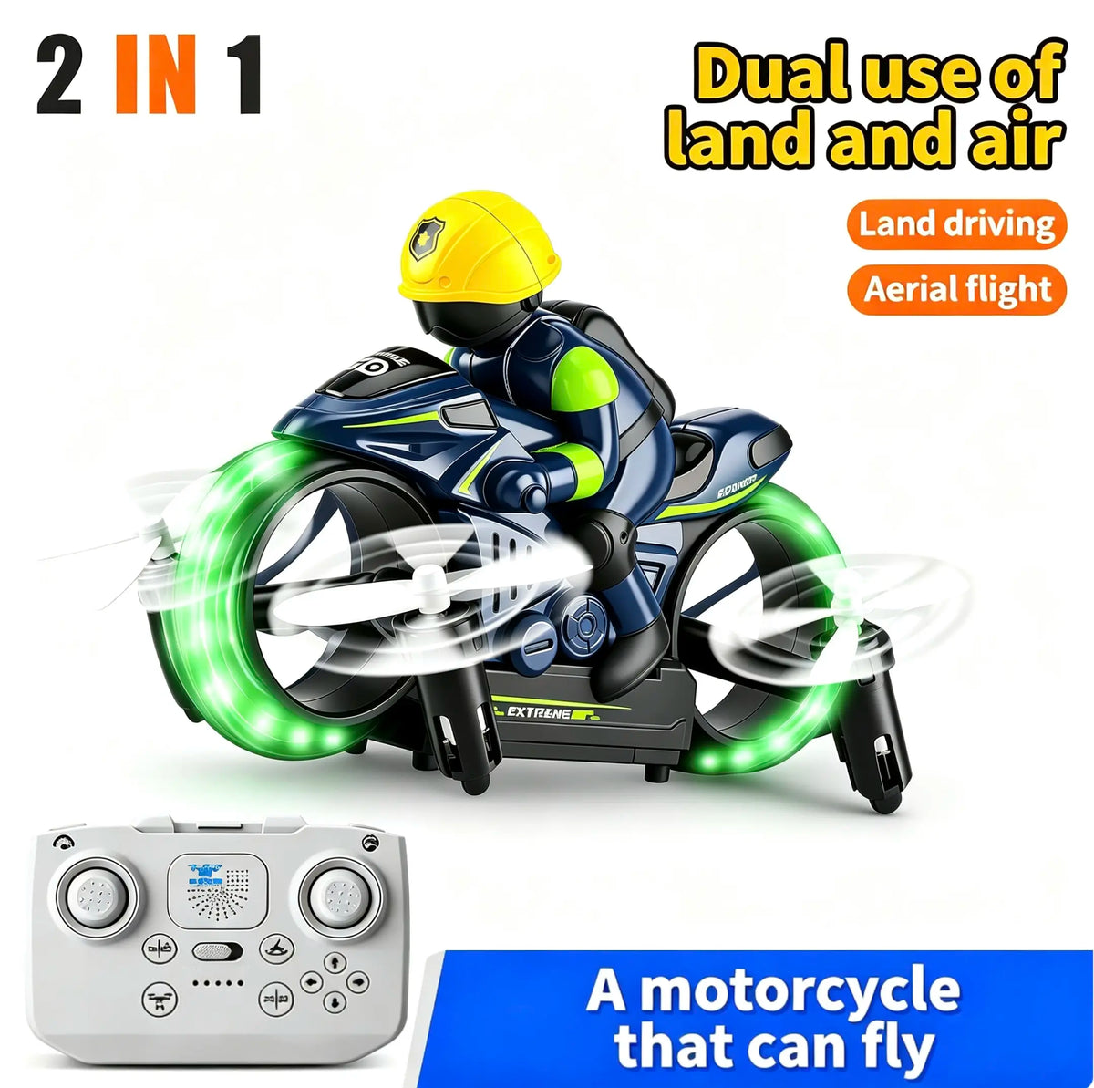 2-In-1 RC Flying Motorcycle Drone - Remote Control, 360° Flying Stunts, LED Lights, 2 Batteries, Land/Air Dual Mode, Easy for Kids, Electric Hobby Toy, with Batteries
