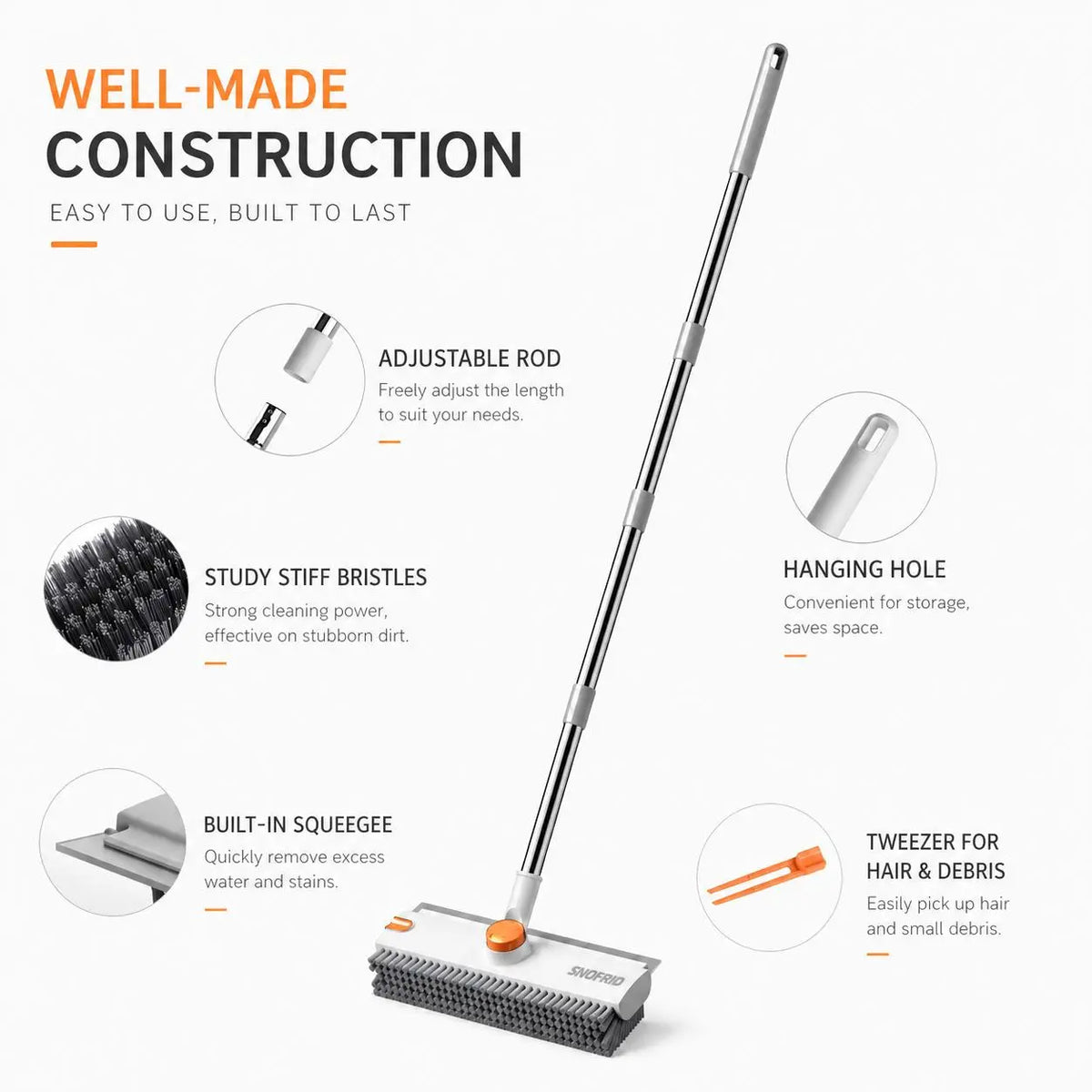 Snofrid Floor Scrub Brush,360 Degrees 3 in 1 Floor Scrub Brush with 54-In Adjustable Long Handle and Scraper Heavy Duty Stiff Bristle Floor Scrubber for Cleaning Shower Bathroom Kitchen Patio Garage Pool Wall and Deck, Orange&White