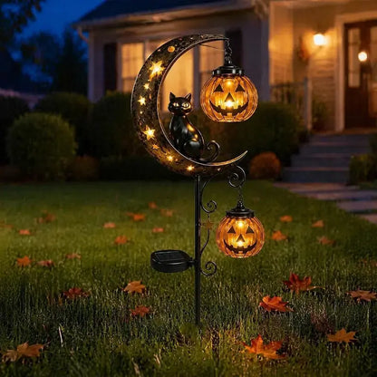 Halloween Solar Garden Stake Lights, Waterproof Moon-Pumpkin Lantern with Ghost-Witch-Black Cat, LED Solar-Powered Decor for Yard-Pathway Lawn Patio Halloween Decoration