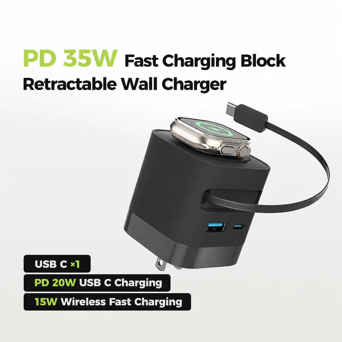 Tessan 35W Retractable USB-C Mobile Wall Charger Block with Built-In Wireless Smart Watch Charging & Foldable Plug, Compatible with Iwatch, Iphone, Airpods