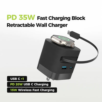 Tessan 35W Retractable USB-C Mobile Wall Charger Block with Built-In Wireless Smart Watch Charging & Foldable Plug, Compatible with Iwatch, Iphone, Airpods