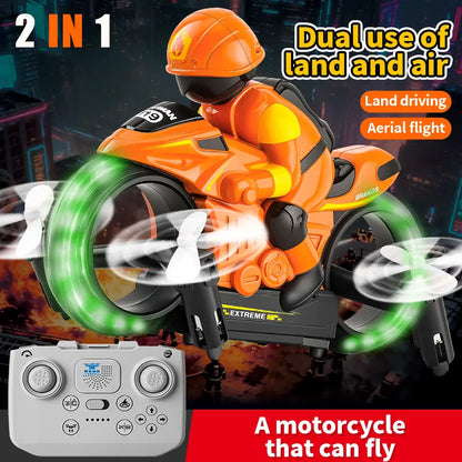 2-In-1 RC Flying Motorcycle Drone - Remote Control, 360° Flying Stunts, LED Lights, 2 Batteries, Land/Air Dual Mode, Easy for Kids, Electric Hobby Toy, with Batteries