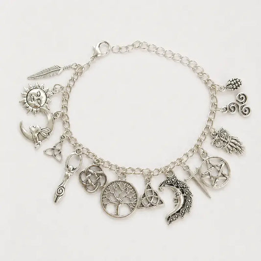 Vintage Witchy Charm Bracelet for Women, Silver-Tone Symbolic Pagan Jewelry with Celestial Moon & Sun Charms, Adjustable for Everyday Wrist Stack, Bracelets for Women, Bangle, Metal Coating