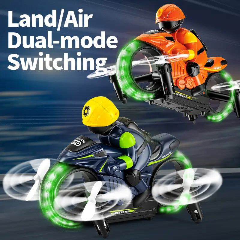 2-In-1 RC Flying Motorcycle Drone - Remote Control, 360° Flying Stunts, LED Lights, 2 Batteries, Land/Air Dual Mode, Easy for Kids, Electric Hobby Toy, with Batteries