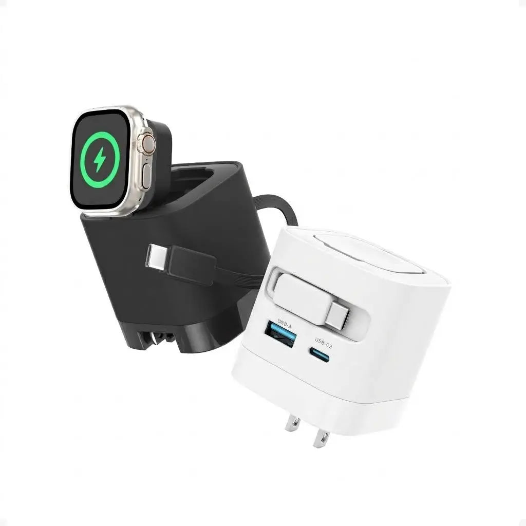 Tessan 35W Retractable USB-C Mobile Wall Charger Block with Built-In Wireless Smart Watch Charging & Foldable Plug, Compatible with Iwatch, Iphone, Airpods