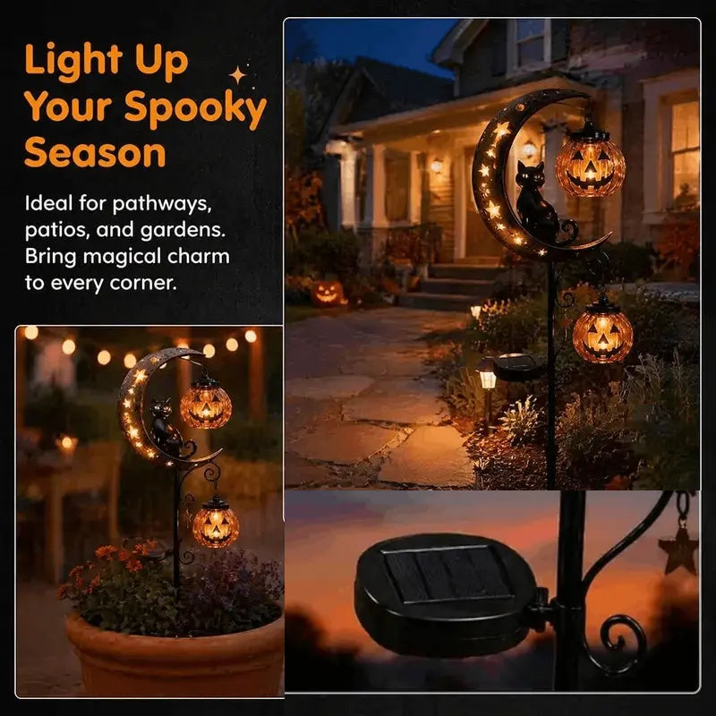 Halloween Solar Garden Stake Lights, Waterproof Moon-Pumpkin Lantern with Ghost-Witch-Black Cat, LED Solar-Powered Decor for Yard-Pathway Lawn Patio Halloween Decoration