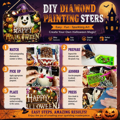9.8In Shiny Acrylic Safe Diamond Art Hanging Suncatcher Kit - Witch, Black Cat, Ghost Reading, Pumpkin Designs - DIY Rhinestone Ornament, Wall, Outdoor Indoor Decorative, Cute Halloween Stuff, Ghost Decor Gift for Kids