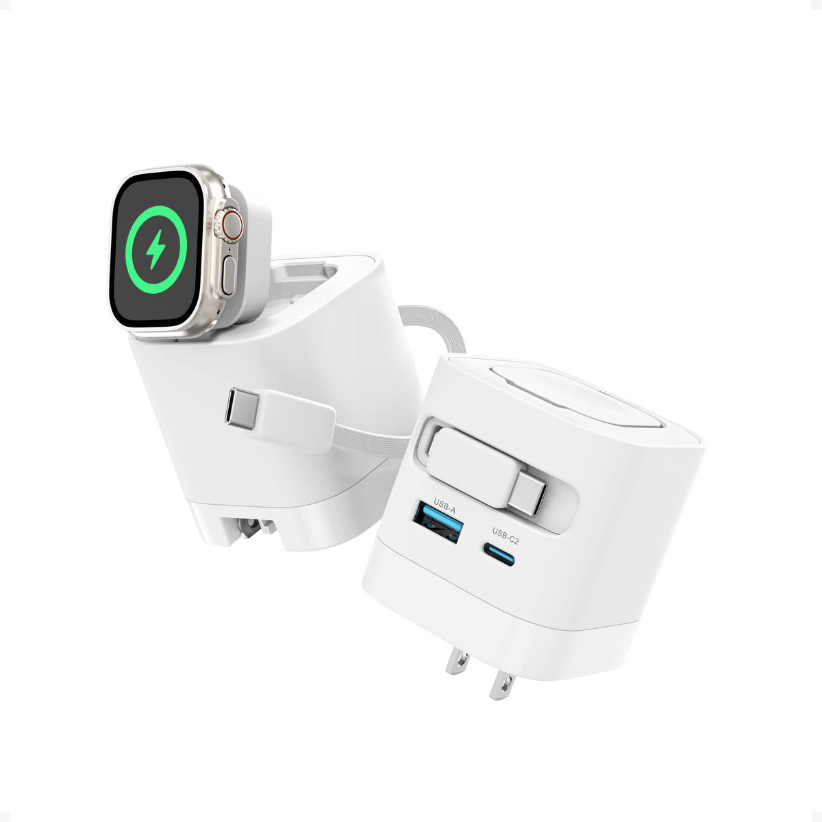 Tessan 35W Retractable USB-C Mobile Wall Charger Block with Built-In Wireless Smart Watch Charging & Foldable Plug, Compatible with Iwatch, Iphone, Airpods