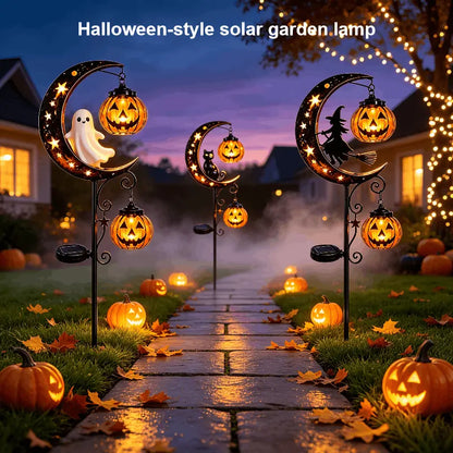 Halloween Solar Garden Stake Lights, Waterproof Moon-Pumpkin Lantern with Ghost-Witch-Black Cat, LED Solar-Powered Decor for Yard-Pathway Lawn Patio Halloween Decoration