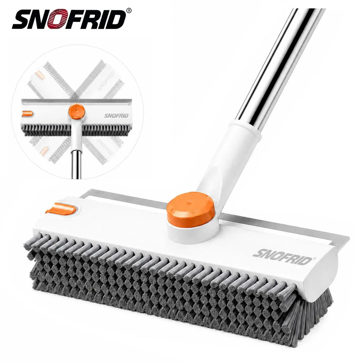 Snofrid Floor Scrub Brush,360 Degrees 3 in 1 Floor Scrub Brush with 54-In Adjustable Long Handle and Scraper Heavy Duty Stiff Bristle Floor Scrubber for Cleaning Shower Bathroom Kitchen Patio Garage Pool Wall and Deck, Orange&White