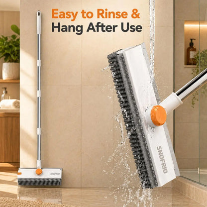 Snofrid Floor Scrub Brush,360 Degrees 3 in 1 Floor Scrub Brush with 54-In Adjustable Long Handle and Scraper Heavy Duty Stiff Bristle Floor Scrubber for Cleaning Shower Bathroom Kitchen Patio Garage Pool Wall and Deck, Orange&White