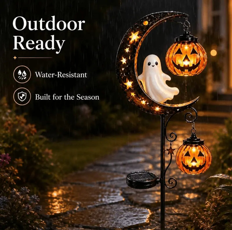 Halloween Solar Garden Stake Lights, Waterproof Moon-Pumpkin Lantern with Ghost-Witch-Black Cat, LED Solar-Powered Decor for Yard-Pathway Lawn Patio Halloween Decoration