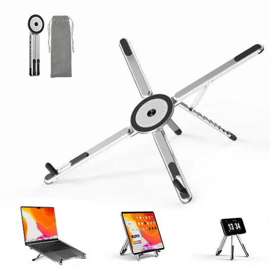 Viozon Ergonomic Portable Laptop Stand for Desk - Foldable Adjustable Aluminum PC Riser with Magnetic Phone Holder, Work & Office Accessories for Home Office (10-16” Laptops, 4-13” Phones/Tablets, Silver)