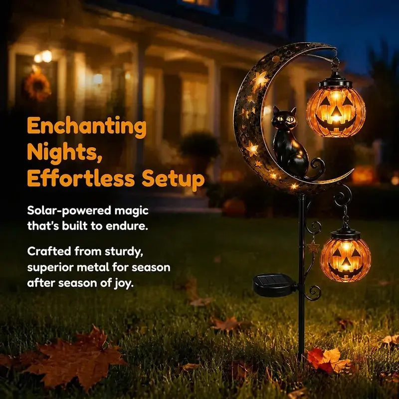 Halloween Solar Garden Stake Lights, Waterproof Moon-Pumpkin Lantern with Ghost-Witch-Black Cat, LED Solar-Powered Decor for Yard-Pathway Lawn Patio Halloween Decoration