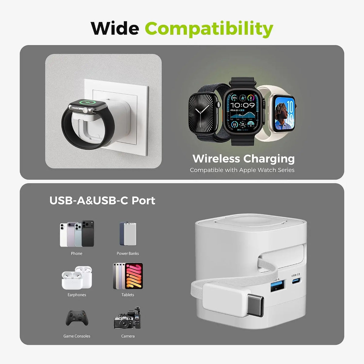 Tessan 35W Retractable USB-C Mobile Wall Charger Block with Built-In Wireless Smart Watch Charging & Foldable Plug, Compatible with Iwatch, Iphone, Airpods