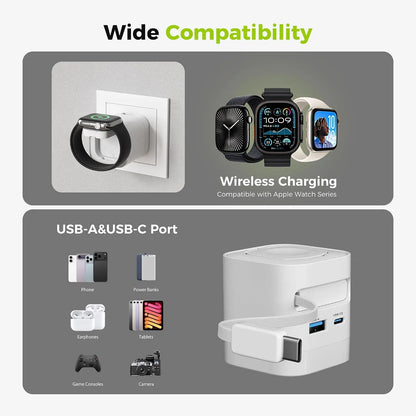 Tessan 35W Retractable USB-C Mobile Wall Charger Block with Built-In Wireless Smart Watch Charging & Foldable Plug, Compatible with Iwatch, Iphone, Airpods