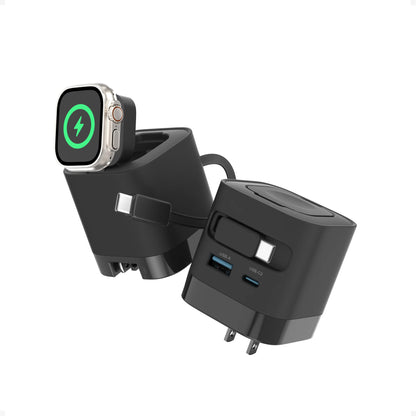 Tessan 35W Retractable USB-C Mobile Wall Charger Block with Built-In Wireless Smart Watch Charging & Foldable Plug, Compatible with Iwatch, Iphone, Airpods