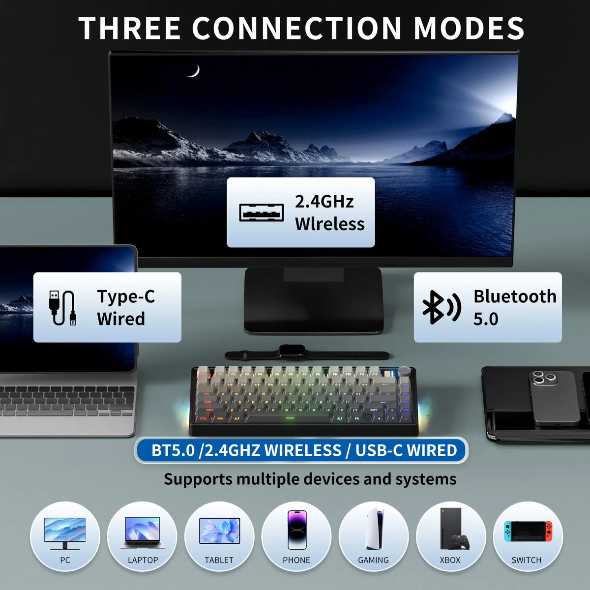 7KEYS BJ75 Compact Wireless Mechanical Keyboard with RGB Color Changing Lights, 75% Gasket-Mount Gaming Keyboard, Volume Knob, Tri-Mode Connection (Bluetooth 5.0-2.4G-USB-C), Hot-Swappable Switches, Side Lighting, Batteries Included, for Pc/Mac/Linux