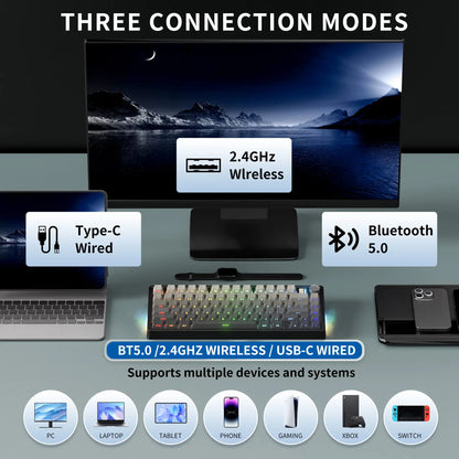 7KEYS BJ75 Compact Wireless Mechanical Keyboard with RGB Color Changing Lights, 75% Gasket-Mount Gaming Keyboard, Volume Knob, Tri-Mode Connection (Bluetooth 5.0-2.4G-USB-C), Hot-Swappable Switches, Side Lighting, Batteries Included, for Pc/Mac/Linux