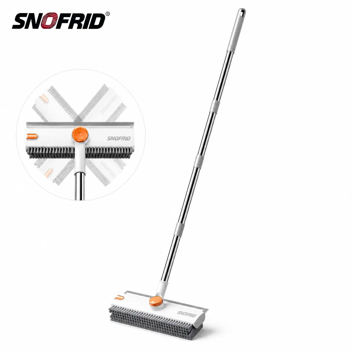 Snofrid Floor Scrub Brush,360 Degrees 3 in 1 Floor Scrub Brush with 54-In Adjustable Long Handle and Scraper Heavy Duty Stiff Bristle Floor Scrubber for Cleaning Shower Bathroom Kitchen Patio Garage Pool Wall and Deck, Orange&White