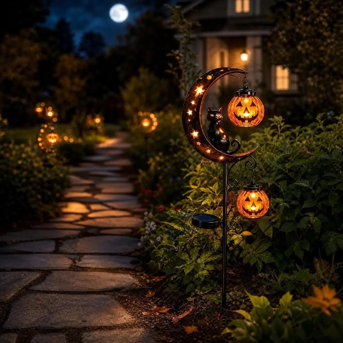 Halloween Solar Garden Stake Lights, Waterproof Moon-Pumpkin Lantern with Ghost-Witch-Black Cat, LED Solar-Powered Decor for Yard-Pathway Lawn Patio Halloween Decoration