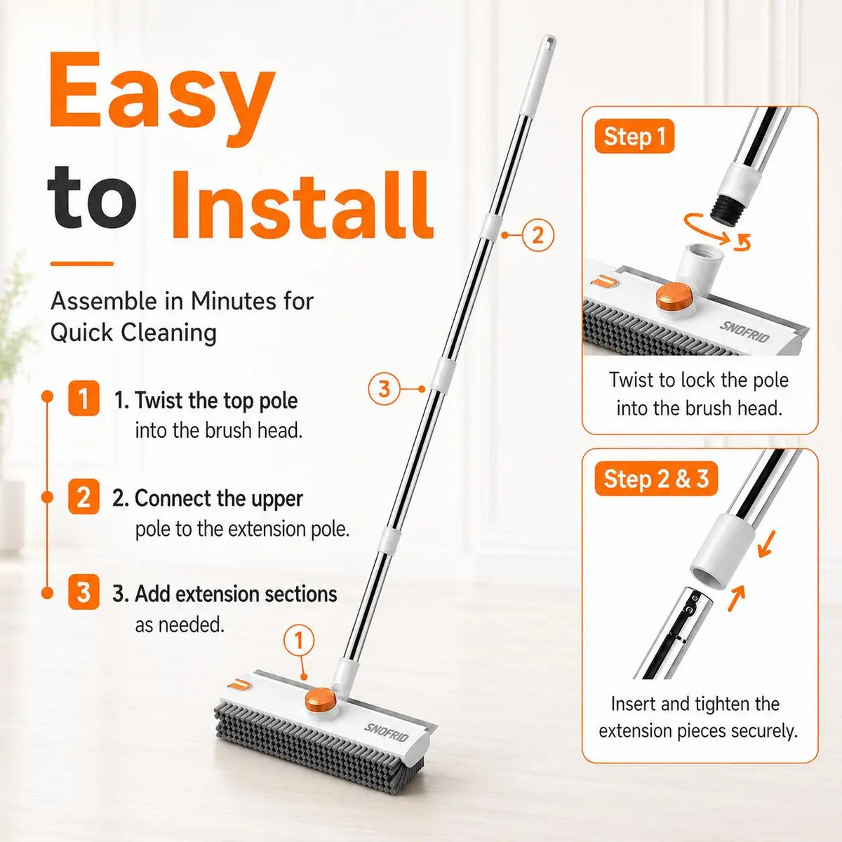 Snofrid Floor Scrub Brush,360 Degrees 3 in 1 Floor Scrub Brush with 54-In Adjustable Long Handle and Scraper Heavy Duty Stiff Bristle Floor Scrubber for Cleaning Shower Bathroom Kitchen Patio Garage Pool Wall and Deck, Orange&White
