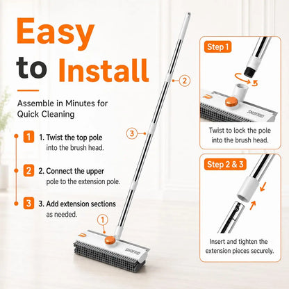 Snofrid Floor Scrub Brush,360 Degrees 3 in 1 Floor Scrub Brush with 54-In Adjustable Long Handle and Scraper Heavy Duty Stiff Bristle Floor Scrubber for Cleaning Shower Bathroom Kitchen Patio Garage Pool Wall and Deck, Orange&White