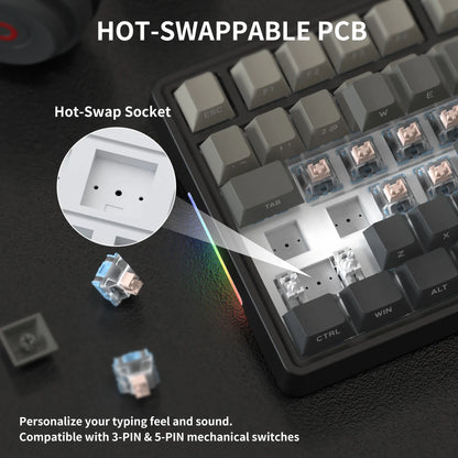 7KEYS BJ75 Compact Wireless Mechanical Keyboard with RGB Color Changing Lights, 75% Gasket-Mount Gaming Keyboard, Volume Knob, Tri-Mode Connection (Bluetooth 5.0-2.4G-USB-C), Hot-Swappable Switches, Side Lighting, Batteries Included, for Pc/Mac/Linux