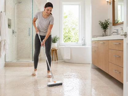 Snofrid Floor Scrub Brush,360 Degrees 3 in 1 Floor Scrub Brush with 54-In Adjustable Long Handle and Scraper Heavy Duty Stiff Bristle Floor Scrubber for Cleaning Shower Bathroom Kitchen Patio Garage Pool Wall and Deck, Orange&White